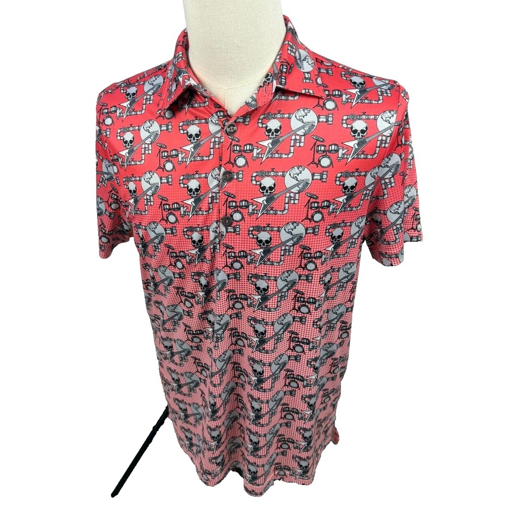 Jamie Sadock Skull Rock Guitar Drum Print Performance Polo Shirt‎ Mens Medium